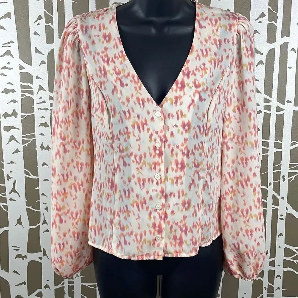 LUSH Pink Peach Yellow Pastel Leopard Print Button Front Blouse XS